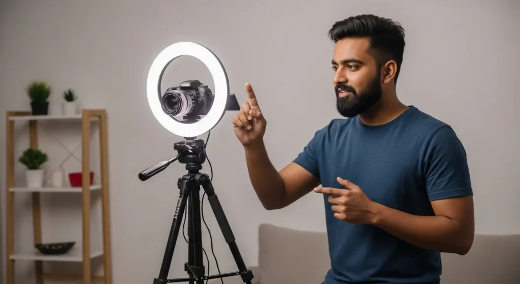 Toutube tripod और light के साथ वीडियो बना रहा है