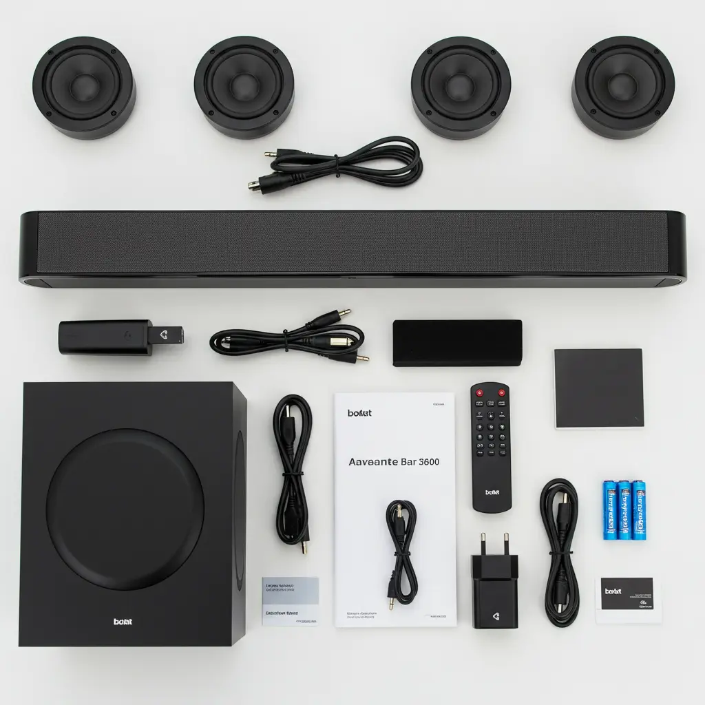 boAt Aavante Bar 3600 unboxing layout: soundbar, subwoofer, two rear speakers, remote with battery, power and AUX cables, wall-mount screws, manual and warranty card visible.