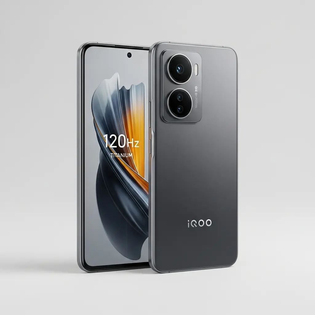 iQOO Z10x 5G smartphone front and back view with 120Hz display and dual rear camera in Titanium Grey