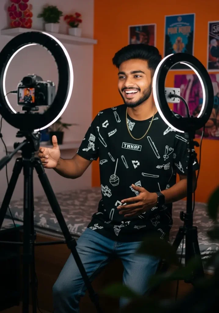 Indian YouTuber creating content with a tripod light.