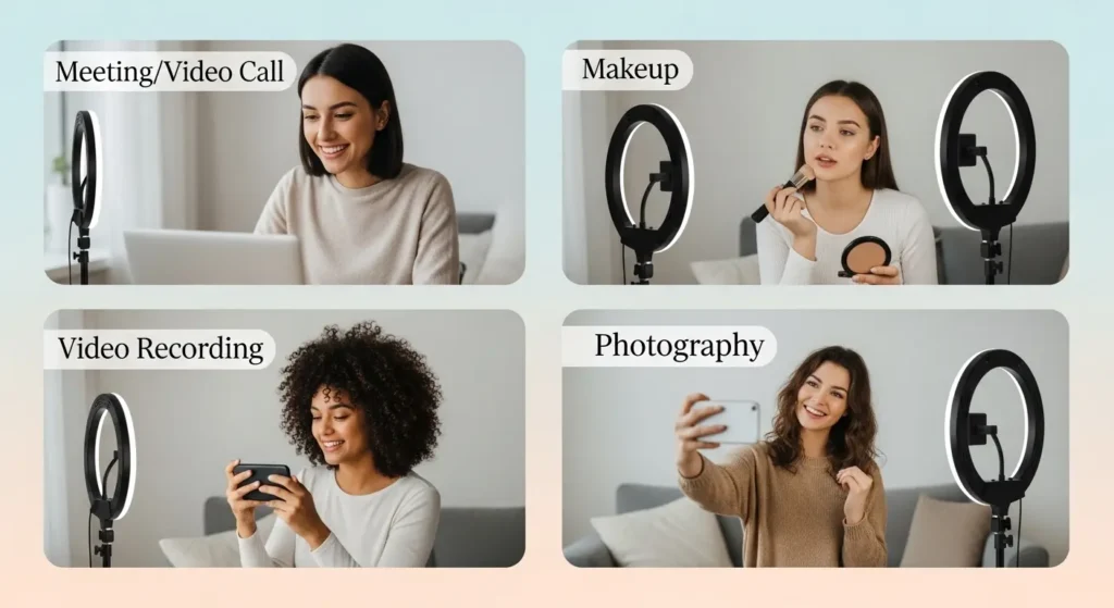 A collage of four women using a ring light for different purposes like video calls, makeup, video recording, and photography, showcasing the versatility of ring lights in daily content creation.