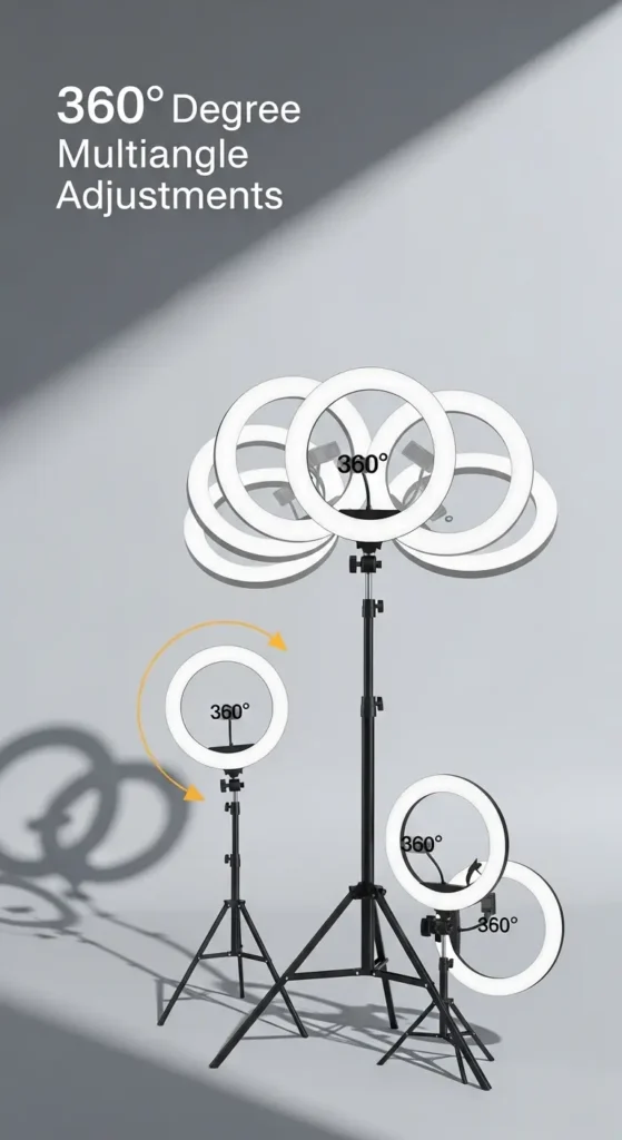 Adjustable ring light with 360-degree rotation feature, showing multiple angle positions for flexible lighting during video recording or photography