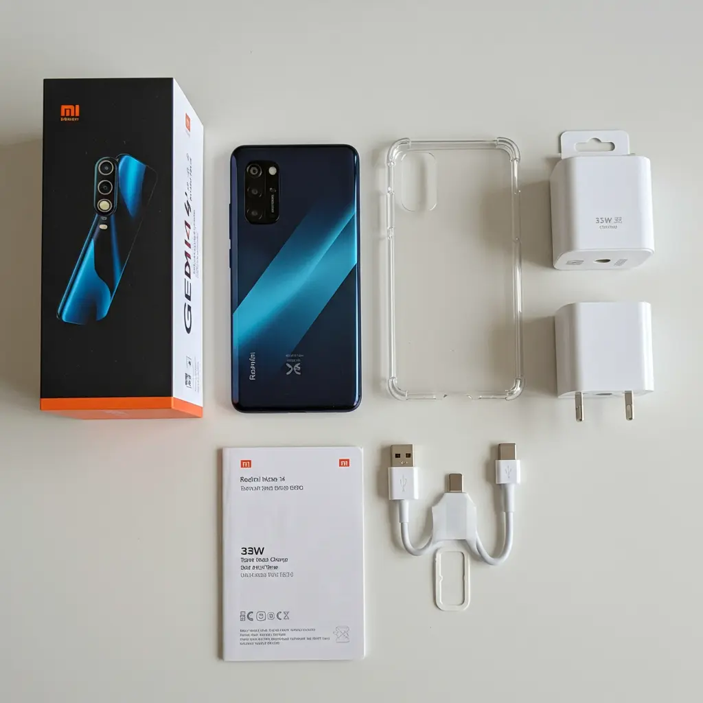 Redmi Note 14 5G unboxed contents including phone, charger, cable, case, and SIM tool